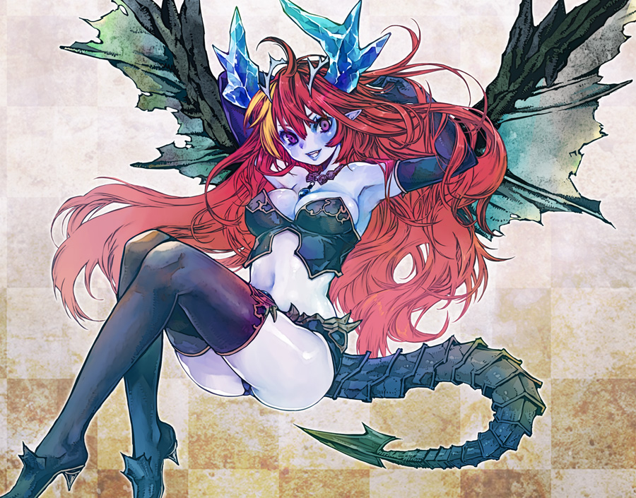 blonde_hair blue_skin boots breasts cleavage demon_girl demon_wings elbow_gloves gloves grin hera-is_(p&amp;d) hera_(p&amp;d) horns jewelry long_hair medium_breasts multicolored_hair necklace pointy_ears puzzle_&amp;_dragons red_hair smile solo suga_koharu tail thigh_boots thighhighs wings