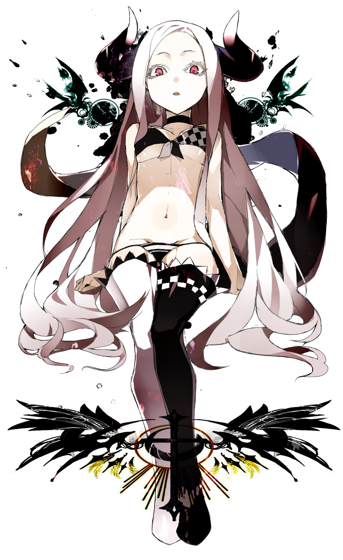 bad_id bad_pixiv_id boots breasts checkered choker demon_girl front-tie_top hachizowo horns long_hair medium_breasts mismatched_legwear navel open_mouth original pink_hair red_eyes sitting solo thigh_boots thighhighs underboob very_long_hair