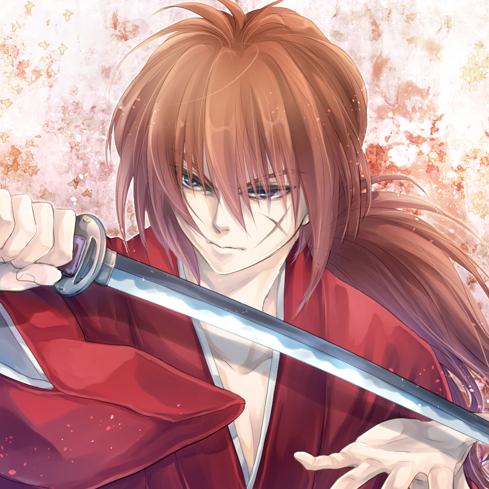 ai_(ai1470) bangs blue_eyes himura_kenshin katana long_hair male_focus ponytail red_hair rurouni_kenshin scar solo sword weapon