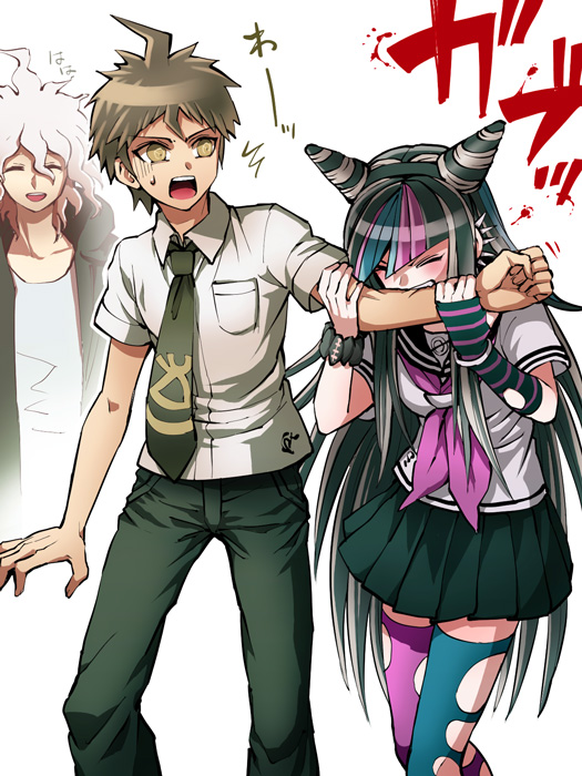 2boys ahoge arm_warmers bad_id bad_pixiv_id biting brown_eyes brown_hair closed_eyes danganronpa ear_piercing hinata_hajime hood hoodie komaeda_nagito long_hair mioda_ibuki mismatched_legwear multicolored_hair multiple_boys necktie open_mouth piercing school_uniform serafuku smile super_danganronpa_2 sweat thighhighs torn_clothes torn_legwear very_long_hair white_hair zakki