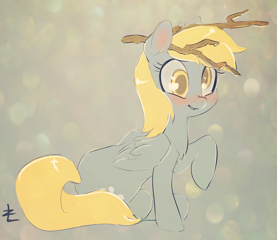 blonde_hair blush branch cute cutie_mark derpy_hooves_(mlp) equine female feral friendship_is_magic fur grey_fur hair horse lizombie looking_at_viewer mammal my_little_pony one_leg_up pegasus pony signature sitting smile wings yellow_eyes