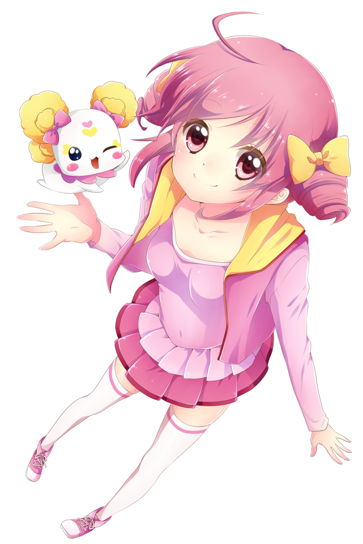 ahoge bow candy_(smile_precure!) casual collarbone drill_hair hoshizora_miyuki kuune_rin looking_up one_eye_closed outstretched_hand perspective pink_bow pink_eyes pink_hair pink_vest precure short_hair simple_background smile smile_precure! solo thighhighs twin_drills twintails vest white_background zettai_ryouiki