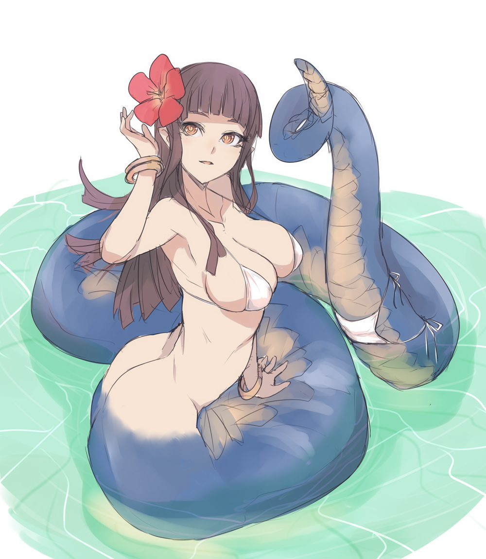 ass ban bangle bikini bottomless bracelet breasts brown_eyes brown_hair character_request cleavage flower hair_flower hair_ornament hibiscus jewelry lamia large_breasts long_hair monster_girl open_mouth original side-tie_bikini sideboob sketch smile solo swimsuit white_bikini