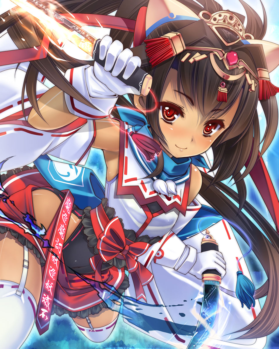 bare_shoulders blush breasts brown_hair copyright_request dagger detached_sleeves dual_wielding garter_straps gloves hair_ornament highres holding long_hair naaamo ponytail red_eyes small_breasts smile solo thighhighs very_long_hair weapon white_gloves white_legwear