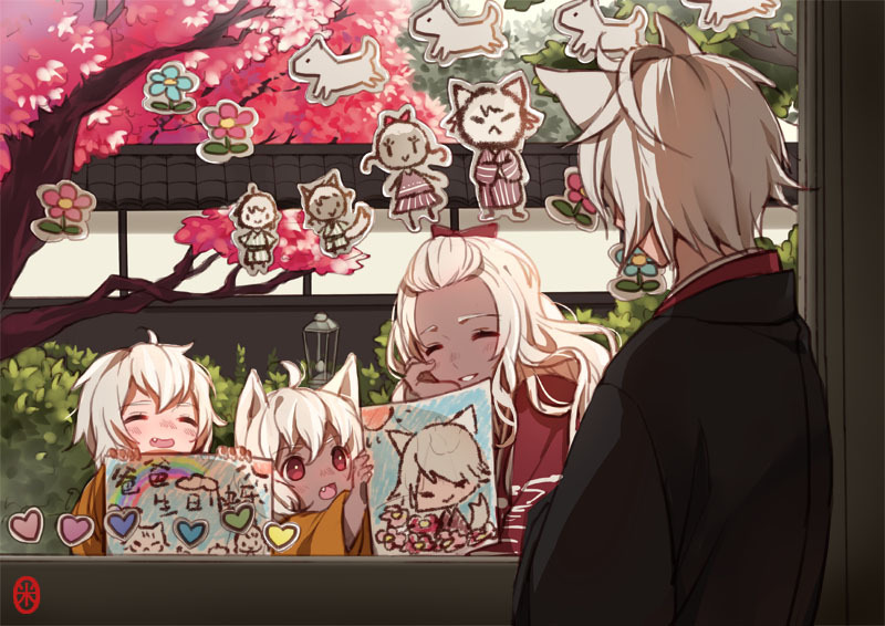 3boys animal_ears bad_id bad_pixiv_id blush cat_ears cherry_blossoms closed_eyes dark_skin drawing family flower heart japanese_clothes long_hair mia0309 multiple_boys open_mouth original rainbow red_eyes short_hair smile topknot