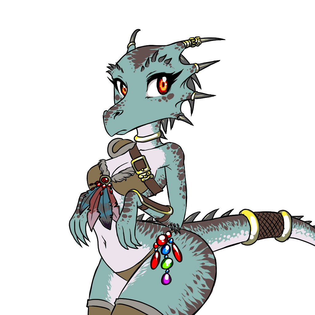 argonian armor belt bracer breasts chochi choker clothed clothing dinosaur_pose feathers female fiery_eyes furgonomics horn jewels kobold looking_at_viewer non-mammal_breasts nostrils pauldron plain_background red_eyes scalie skimpy solo the_elder_scrolls thighs underwear video_games white_background wide_hips