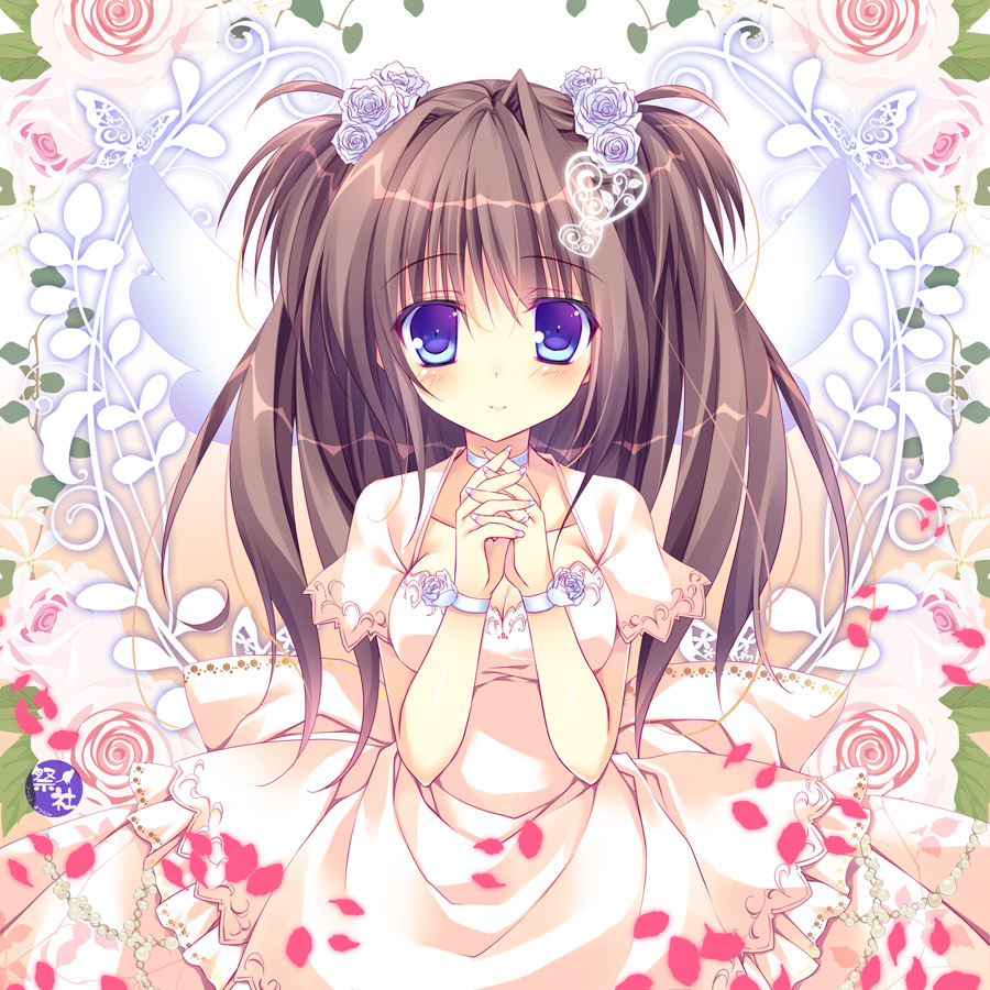 bad_id bad_pixiv_id blue_eyes blush brown_hair dress flower hair_flower hair_ornament hands_clasped interlocked_fingers long_hair nail_polish nanaroba_hana original own_hands_together smile solo twintails wings