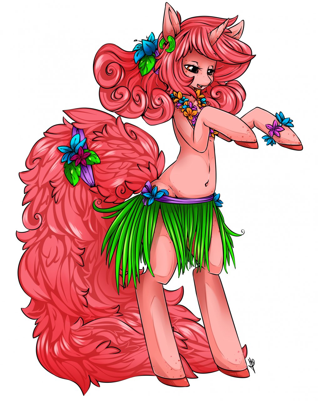 2013 ear_piercing equine female flower fluffy_tail hair hooves horn horse long_hair looking_down navel piercing pink_eyes pink_hair pink_skin plain_background pony skirt smile solo standing tiki_san unicorn white_background