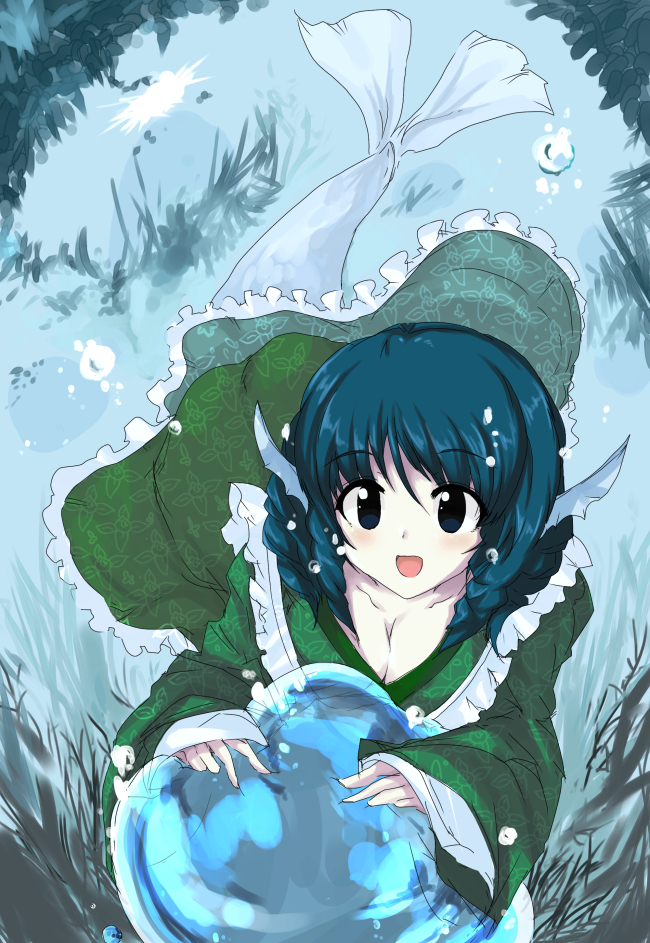 bad_id bad_pixiv_id blue_eyes blue_hair breasts cleavage echizen_(hvcv) head_fins japanese_clothes long_sleeves medium_breasts mermaid monster_girl open_mouth short_hair smile touhou underwater wakasagihime water wide_sleeves