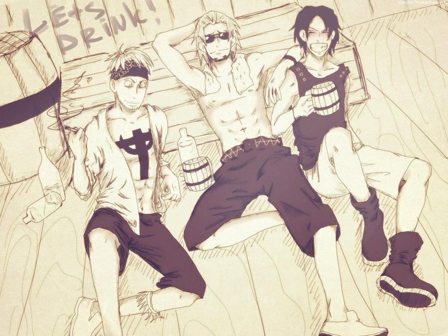 3boys cup drink male male_focus marco monochrome mug multiple_boys one_piece portgas_d_ace sitting tattoo thatch topless trio whitebeard_pirates