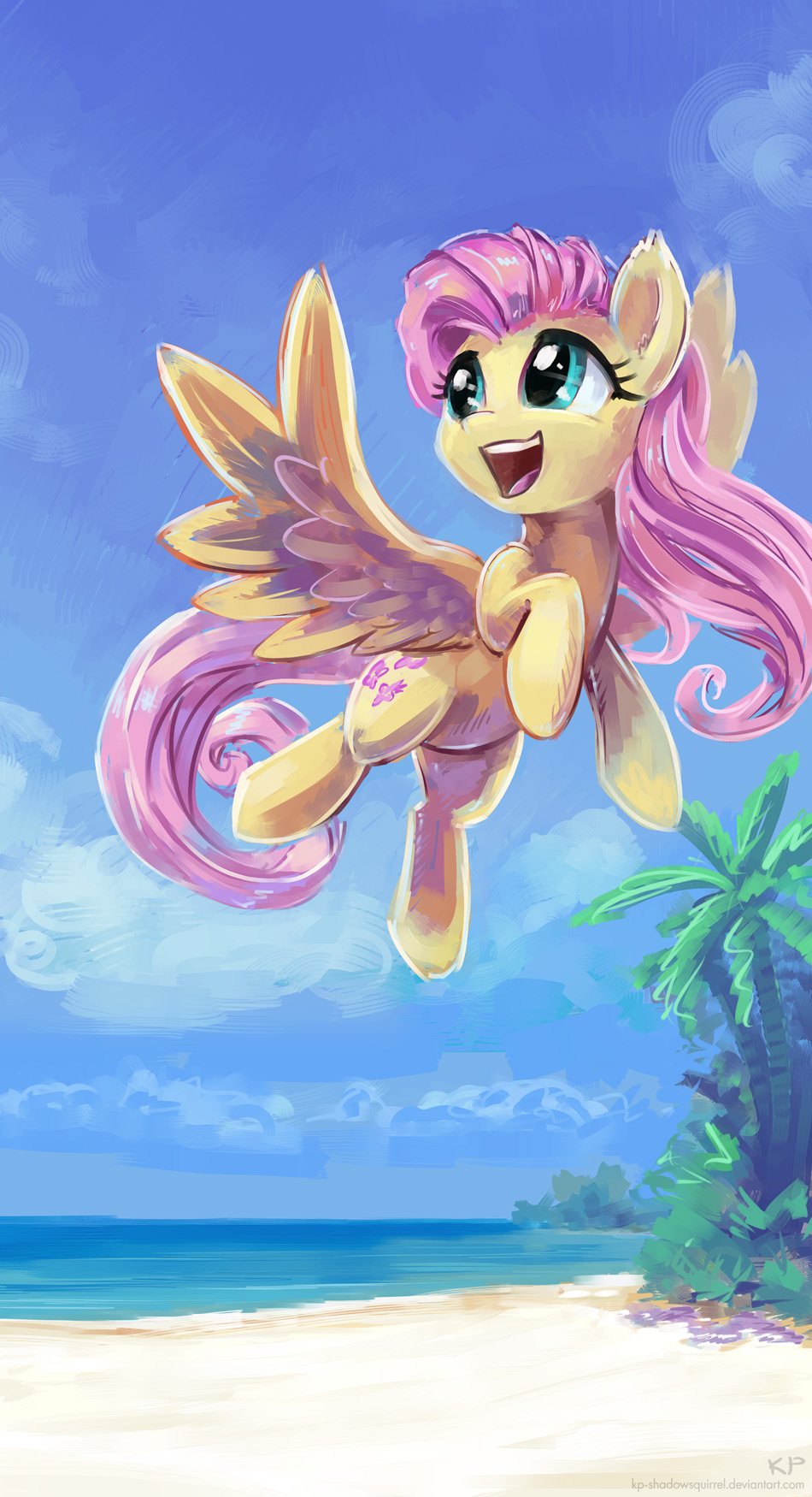 beach blue_eyes cutie_mark equine female feral fluttershy_(mlp) friendship_is_magic fur hair horse karol_pawlinski mammal my_little_pony open_mouth pegasus pink_hair pony sand seaside sky solo tree water wings yellow_feathers yellow_fur