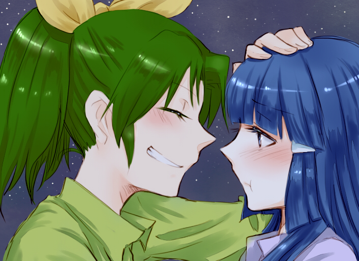 :t aoki_reika blue_hair blush closed_eyes couple face fuji_tsugu green_hair green_shirt grin hand_on_another's_head midorikawa_nao multiple_girls ponytail pout precure profile shirt sky smile smile_precure! star_(sky) starry_sky yuri