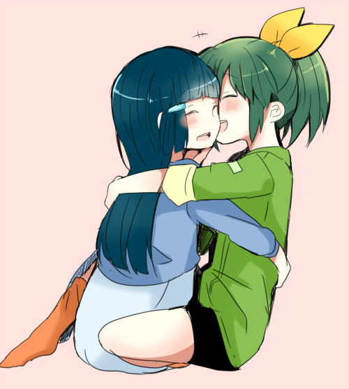 aoki_reika bad_id bad_pixiv_id blue_hair blush closed_eyes couple green_hair green_shirt hagino_makoto happy hug midorikawa_nao multiple_girls ponytail precure shirt sitting smile smile_precure! yuri