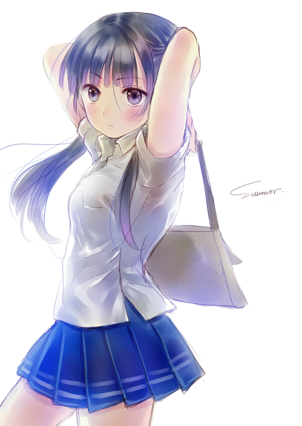 arms_up bad_id bad_pixiv_id blush hanekoto original simple_background skirt solo white_background