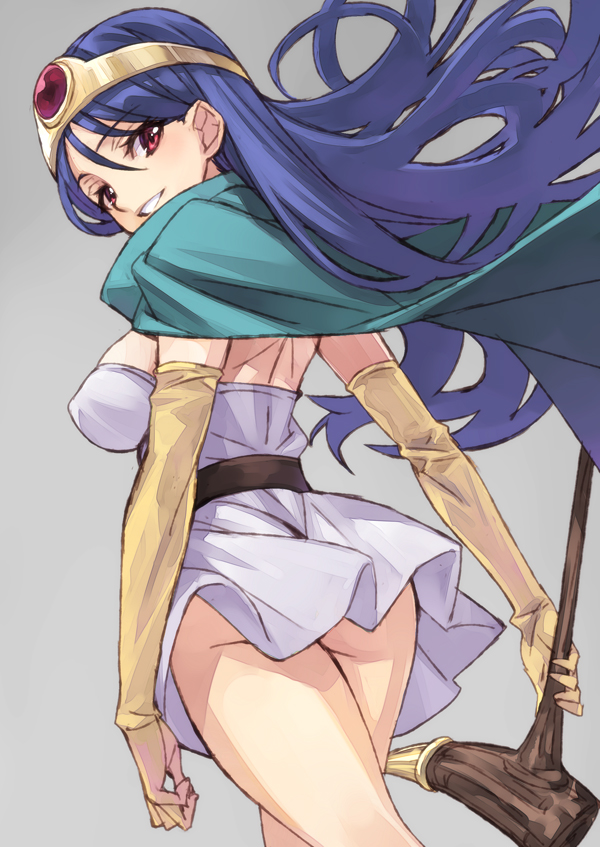 ass bad_id bad_pixiv_id blue_hair cape dragon_quest dragon_quest_iii from_behind grey_background headwear light_smile long_hair looking_back matsuryuu no_panties open_mouth red_eyes sage_(dq3) simple_background solo