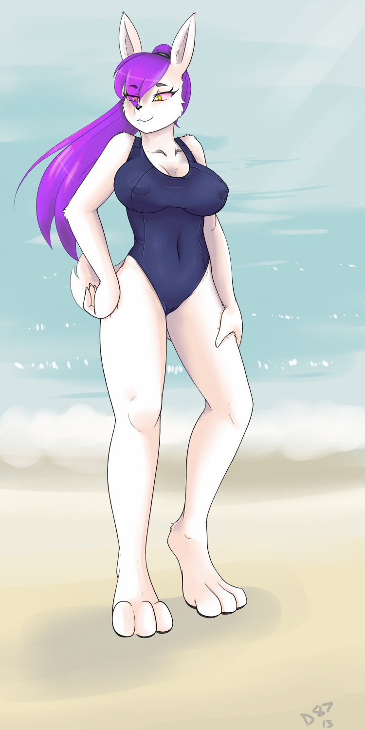 areola beach big_breasts black_nose breasts camel_toe cleavage clothed clothing devo87 female fur hair hindpaw lagomorph long_hair mammal nails navel nipples outside paws purple_hair rabbit seaside simsuit solo standing swimsuit thighs water white_fur yellow_eyes