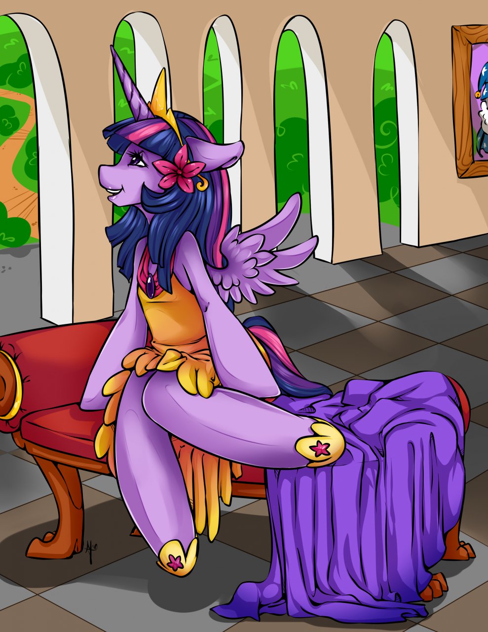 anthro anthrofied bed blue_hair clothed clothing crown dress equine feathers female flower friendship_is_magic hair hooves horn long_hair mammal my_little_pony open_mouth pink_hair purple_eyes purple_feathers purple_hair purple_skin sitting solo tiki_san twilight_sparkle_(mlp) unicorn winged_unicorn wings