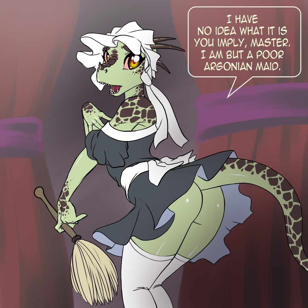 argonian butt chochi claws dialog english_text feather_duster female fiery_eyes horn innocent legwear lifts-her-tail looking_at_viewer lusty_argonian_maid maid maid_uniform nostrils open_mouth pose scalie skirt solo stockings text the_elder_scrolls the_lusty_argonian_maid upskirt video_games yellow_eyes