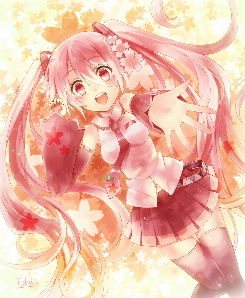 :d bad_id bad_pixiv_id detached_sleeves flower hair_flower hair_ornament hatsune_miku long_hair necktie open_mouth outstretched_arm pink_eyes pink_hair sakura_miku skirt smile solo thighhighs twintails very_long_hair vocaloid