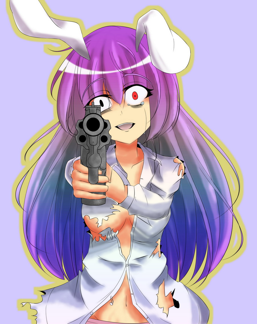 animal_ears bad_id bad_pixiv_id breasts bunny_ears cleavage dress_shirt gun handgun himeco long_hair medium_breasts navel no_bra open_mouth purple_hair red_eyes reisen_udongein_inaba revolver shirt simple_background solo tears torn_clothes touhou underboob weapon yandere