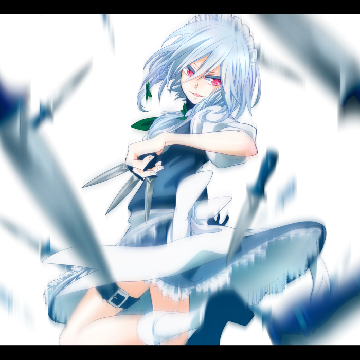 blur bow braid dagger green_bow hair_bow hat holding holding_weapon izayoi_sakuya knife looking_at_viewer maid maid_headdress ouno_(tamaruma) puffy_short_sleeves puffy_sleeves red_eyes ribbon short_hair short_sleeves silver_hair simple_background solo touhou twin_braids weapon white_background