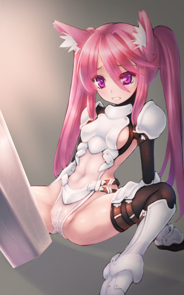 animal_ears arm_support armor black_legwear blush breasts cat_ears ecell elin_(tera) gloves greaves long_hair navel pink_eyes pink_hair see-through shoulder_armor sitting small_breasts solo spaulders spread_legs sword tears tera_online thighhighs weapon