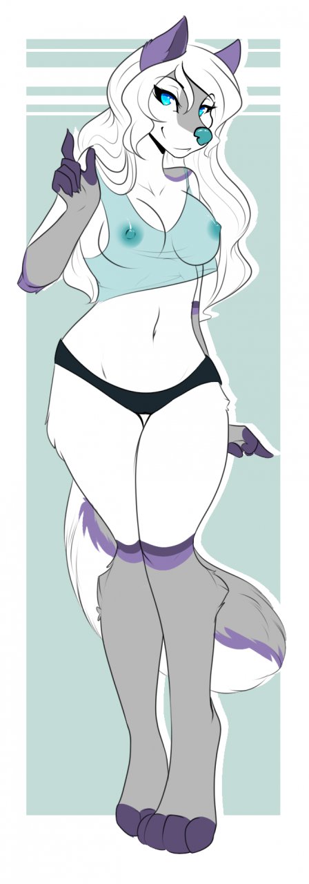 aimi blue_eyes blue_nose breasts claws female fur grey_fur hair hindpaw long_hair looking_at_viewer navel nipples panties paws purple_fur smile solo standing thick_thighs thighs translucent underwear unknown_species white_fur white_hair