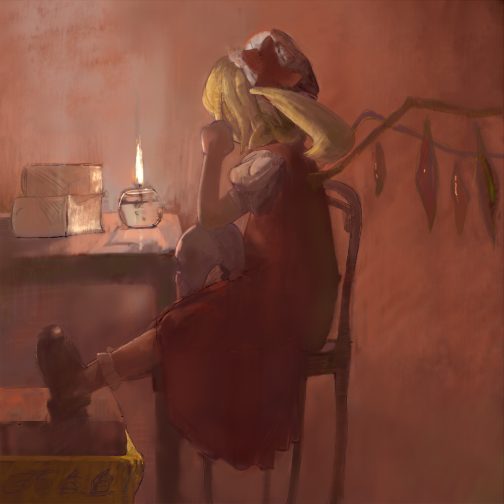 arm_rest blonde_hair bobby_socks book candle candlelight chair facing_away faux_traditional_media flandre_scarlet hand_on_own_face hat hat_ribbon head_rest hiura2329 legs_up mob_cap puffy_short_sleeves puffy_sleeves ribbon short_hair short_sleeves side_ponytail sitting skull socks solo table touhou wings