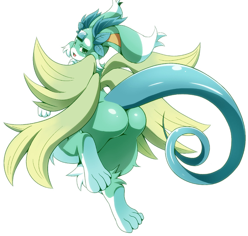 butt female green_eyes plain_background puzzle_&amp;_dragons solo unknown_artist unknown_species video_games white_background