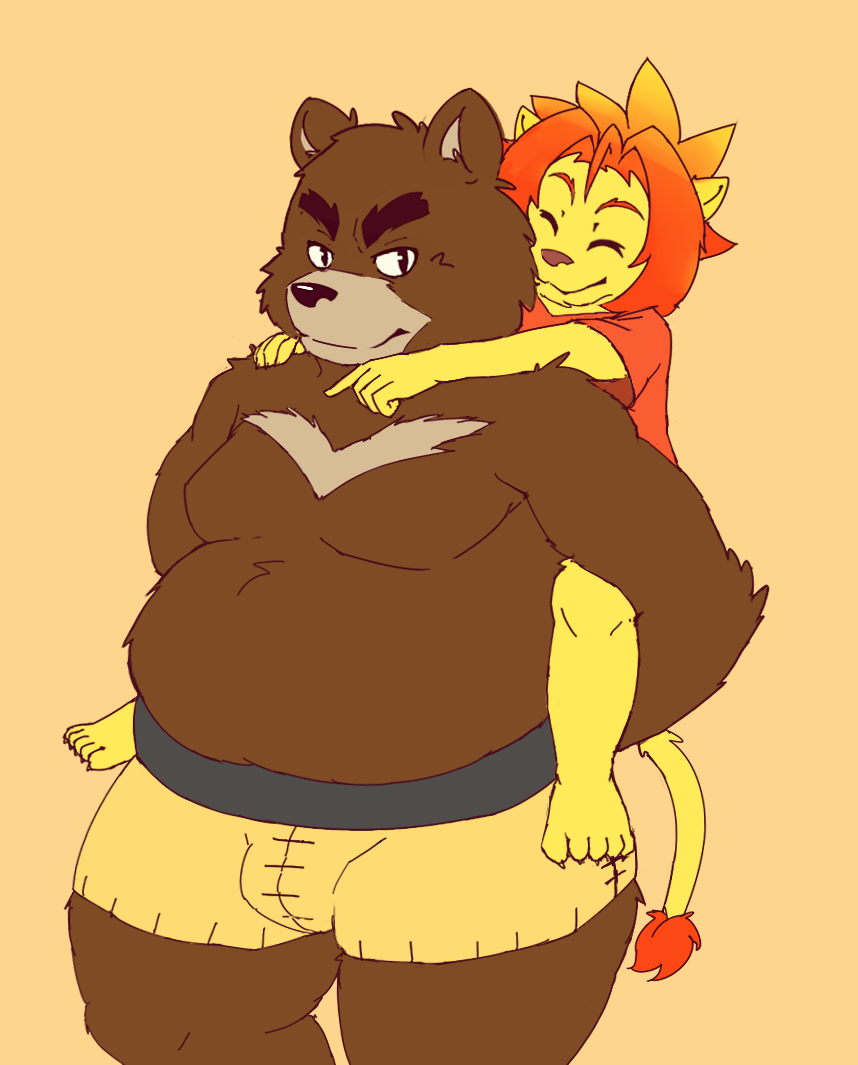 anthro bear chubby cute duo feline fur grizzly_bear hug juuichi_mikazuki lion male mammal morenatsu overweight piggyback soutaro topless zangusuu