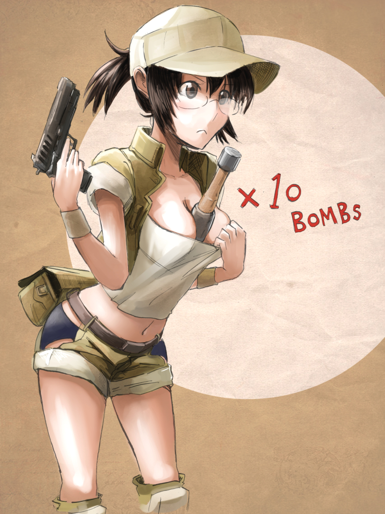 belt between_breasts blush breasts brown_eyes brown_hair cleavage commentary crop_top english explosive fanny_pack fio_germi frown glasses grenade gun handgun hat jacket knee_pads lotus_west medium_breasts messy_hair metal_slug midriff open_clothes open_jacket ponytail shirt_pull short_shorts shorts snk solo standing stielhandgranate weapon