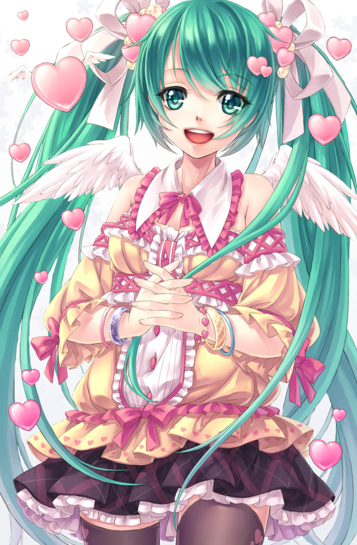 bracelet green_eyes green_hair hair_ribbon hands_clasped hatsune_miku heart jewelry long_hair maple open_mouth own_hands_together ribbon skirt solo thighhighs twintails very_long_hair vocaloid white_background wings