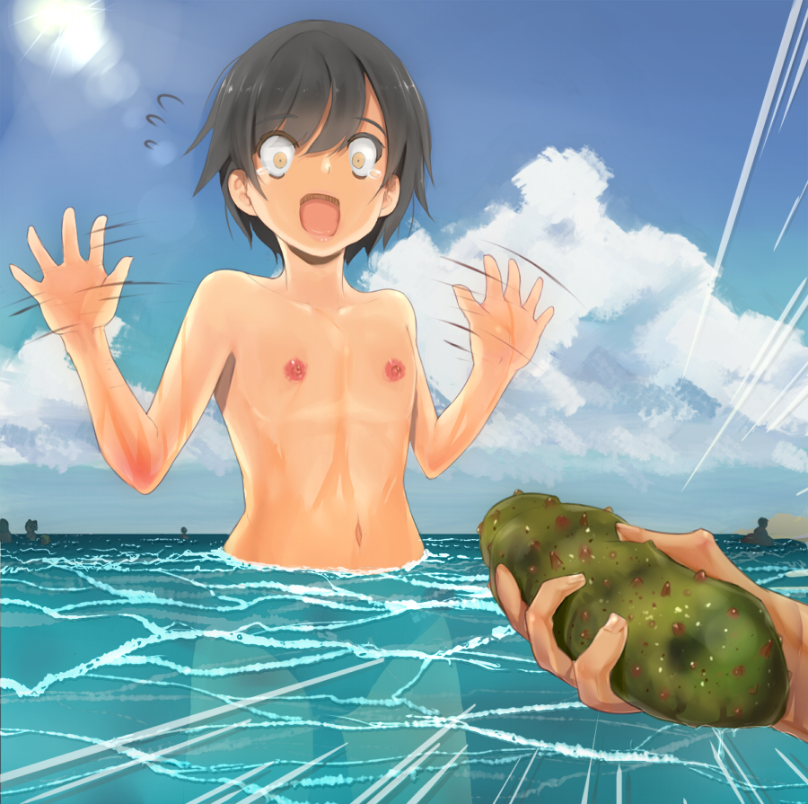 1girl androgynous flat_chest nipples reverse_trap sea_cucumber speedo swim_briefs swimsuit water