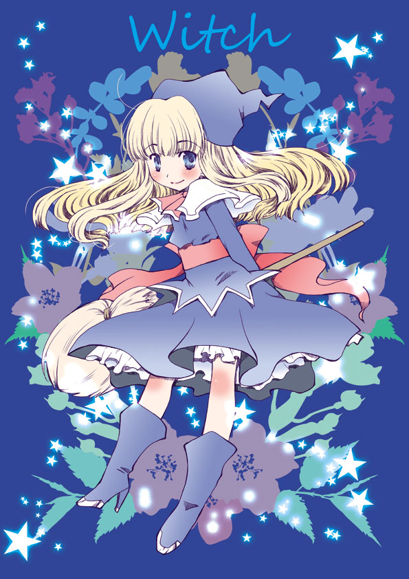 blonde_hair blue_background blue_eyes blue_footwear boots broom character_name dress floral_background full_body hat knee_boots long_hair madou_monogatari necktie okosama_lunch_(sendan) puyopuyo shawl smile solo witch_(puyopuyo)