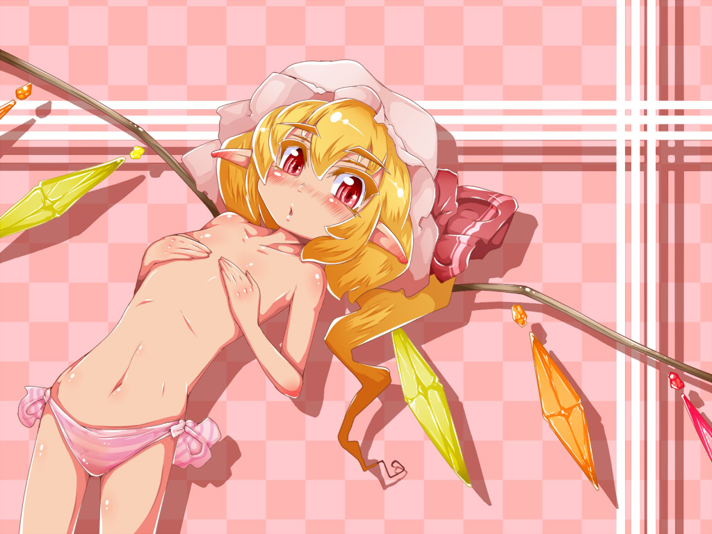 :o blonde_hair blush checkered checkered_background covering covering_breasts ear_blush flandre_scarlet hat navel oke_(seiga) open_mouth panties pointy_ears red_eyes short_hair side-tie_panties side_ponytail solo topless touhou underwear underwear_only wings