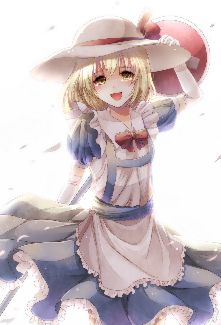 apron blonde_hair bow dress elbow_gloves gloves hat kana_anaberal kotonoman open_mouth petals puffy_sleeves ribbon road_sign short_hair short_sleeves sign sun_hat tears touhou touhou_(pc-98) white_gloves yellow_eyes