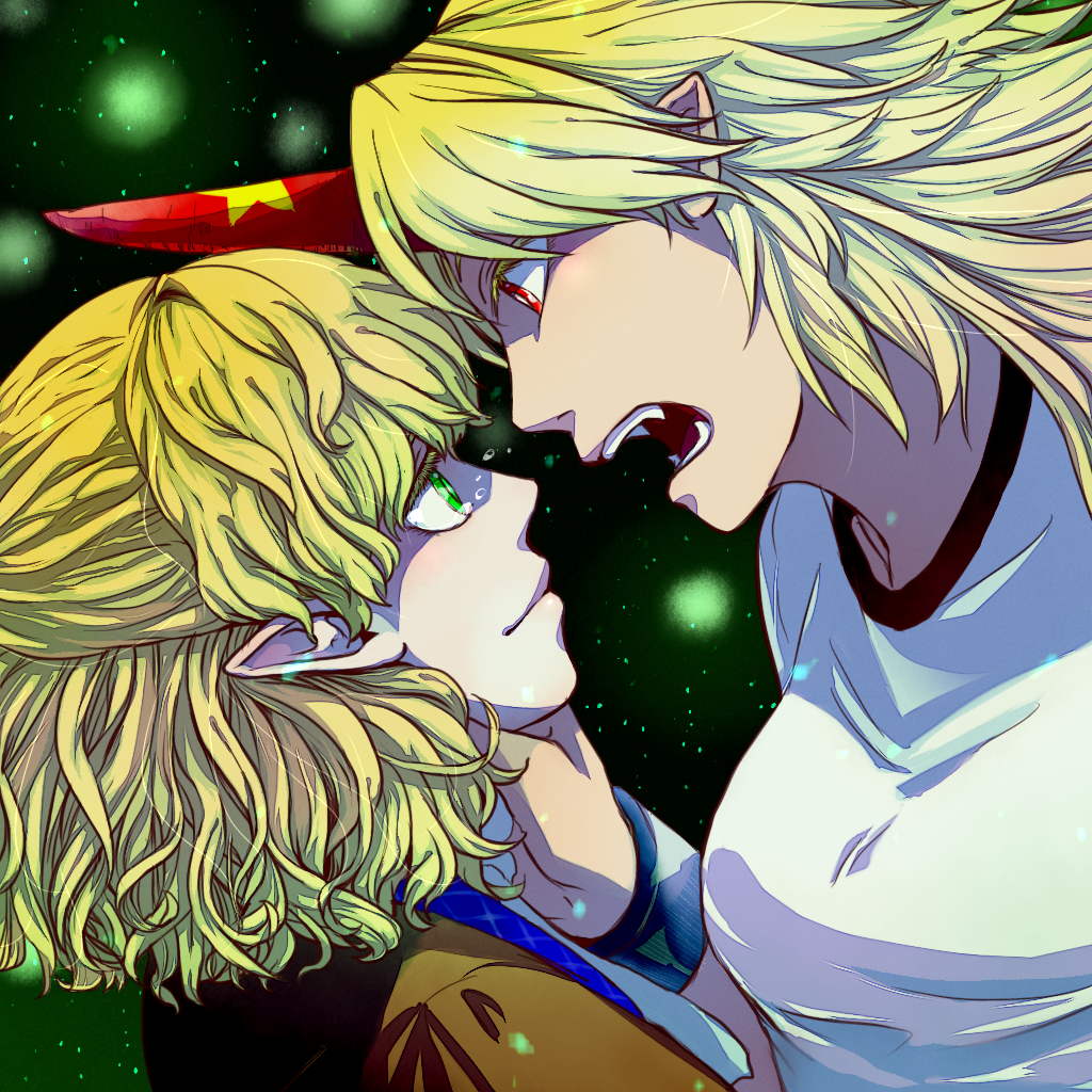 ameya_nihachi blonde_hair breasts colored_eyelashes cuffs eye_contact eyelashes fangs gradient gradient_background green_eyes hand_on_another's_neck horn hoshiguma_yuugi light_particles lips looking_at_another medium_breasts mizuhashi_parsee multiple_girls muscle muscular_female open_mouth pointy_ears red_eyes shackles short_hair star tears touhou