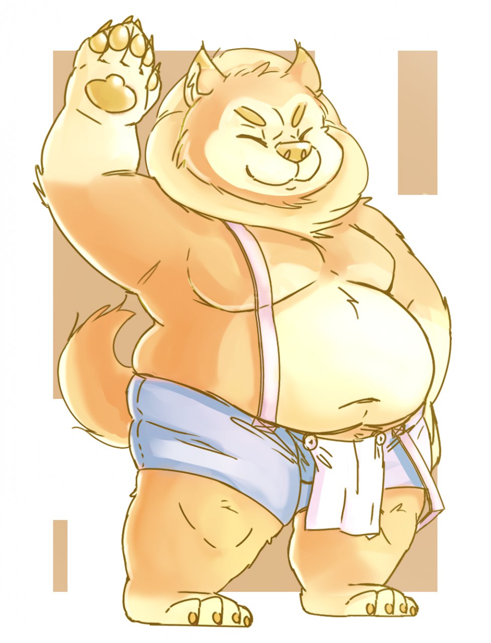 belly canine clothing dog loincloth male mammal moobs overweight shorts solo suspenders topless zangusuu