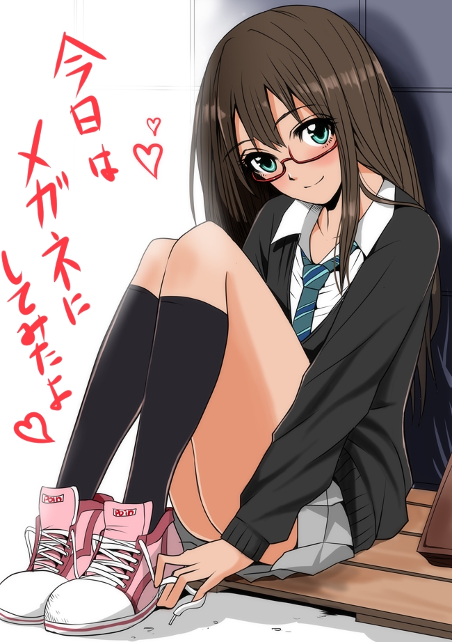 bad_id bad_pixiv_id black_legwear blush brown_hair cardigan glasses green_eyes idolmaster idolmaster_cinderella_girls inu_(marukome) kneehighs leg_hug long_hair long_legs looking_at_viewer necktie school_uniform shibuya_rin shoes sitting skirt smile sneakers solo