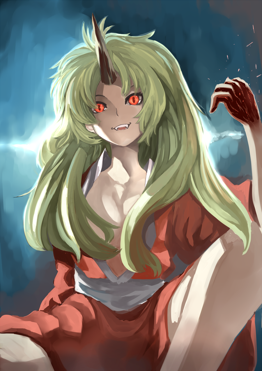 bad_id bad_pixiv_id blonde_hair blood fangs glowing glowing_eyes highres horn hoshiguma_yuugi japanese_clothes long_hair open_clothes rikkido solo touhou