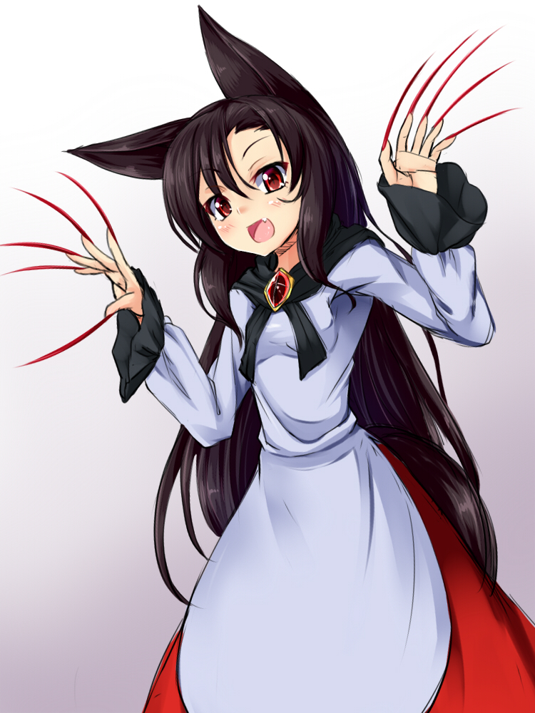 amau_(kosmos) animal_ears brooch fang fingernails gradient gradient_background imaizumi_kagerou jewelry long_fingernails long_hair long_sleeves nail_polish open_mouth red_nails shirt skirt solo tail touhou very_long_hair wide_sleeves wolf_ears wolf_tail