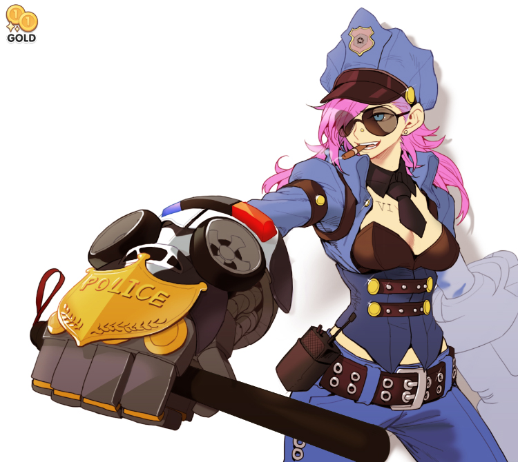 2gold alternate_costume belt cigar earrings hat jewelry league_of_legends non-web_source nose_piercing officer_vi piercing pink_hair police police_uniform policewoman radio solo sunglasses tattoo truncheon uniform vi_(league_of_legends)