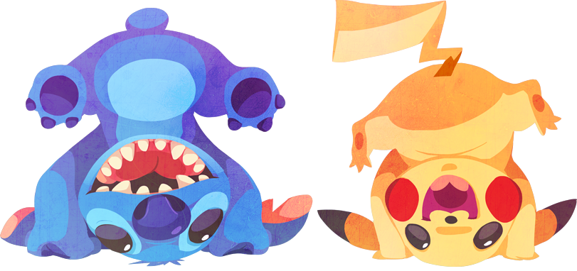 crossover full_body gen_1_pokemon happy headstand kuitsuku lilo_&amp;_stitch looking_at_viewer no_humans notched_ear open_mouth pikachu pokemon pokemon_(creature) smile stitch_(lilo_&amp;_stitch) teeth transparent_background upside-down