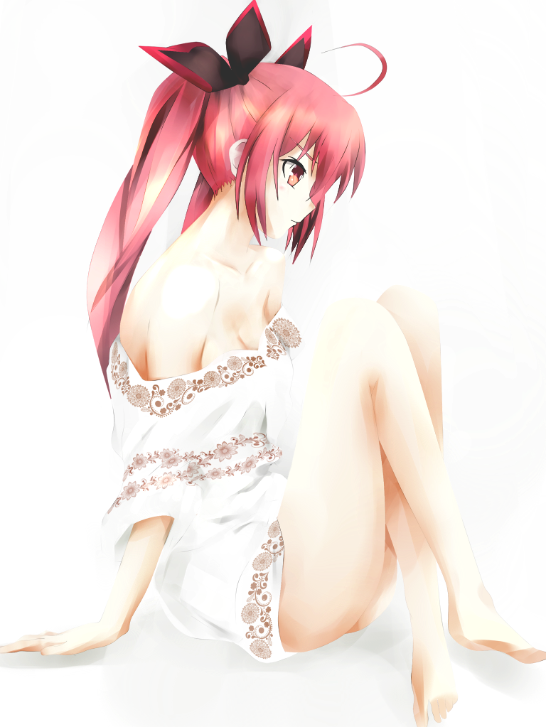 arm_support bare_shoulders barefoot breasts cleavage collarbone crossed_legs date_a_live hair_ornament itsuka_kotori long_hair nori_(noric) off_shoulder red_eyes red_hair simple_background sitting small_breasts solo twintails very_long_hair white_background