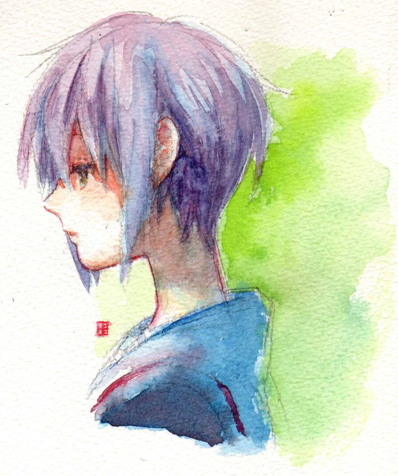 a-ka kita_high_school_uniform nagato_yuki profile purple_hair school_uniform serafuku short_hair simple_background solo suzumiya_haruhi_no_yuuutsu traditional_media watercolor_(medium)