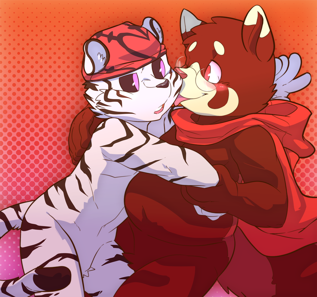 blush cape chubby cuddling cute duo feline gazpacho gazpacho_(artist) hat hug licking male mammal nude red_panda rivers tiger tongue white_tiger