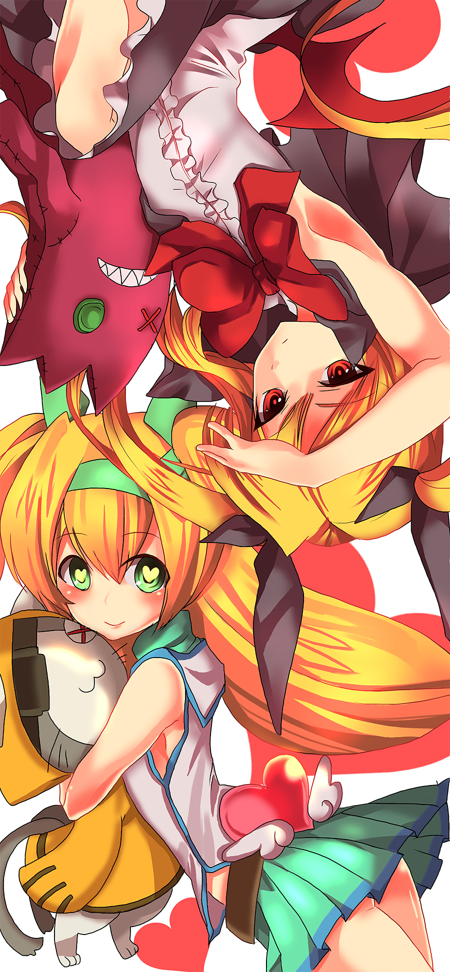 blazblue blonde_hair blush bow character_doll eyepatch frills green_eyes hair_ribbon hairband hayasino heart heart-shaped_pupils highres jubei_(blazblue) long_hair low-tied_long_hair multiple_girls platinum_the_trinity quad_tails rachel_alucard ragna_the_bloodedge red_eyes ribbon skirt smile symbol-shaped_pupils twintails two_side_up upside-down very_long_hair