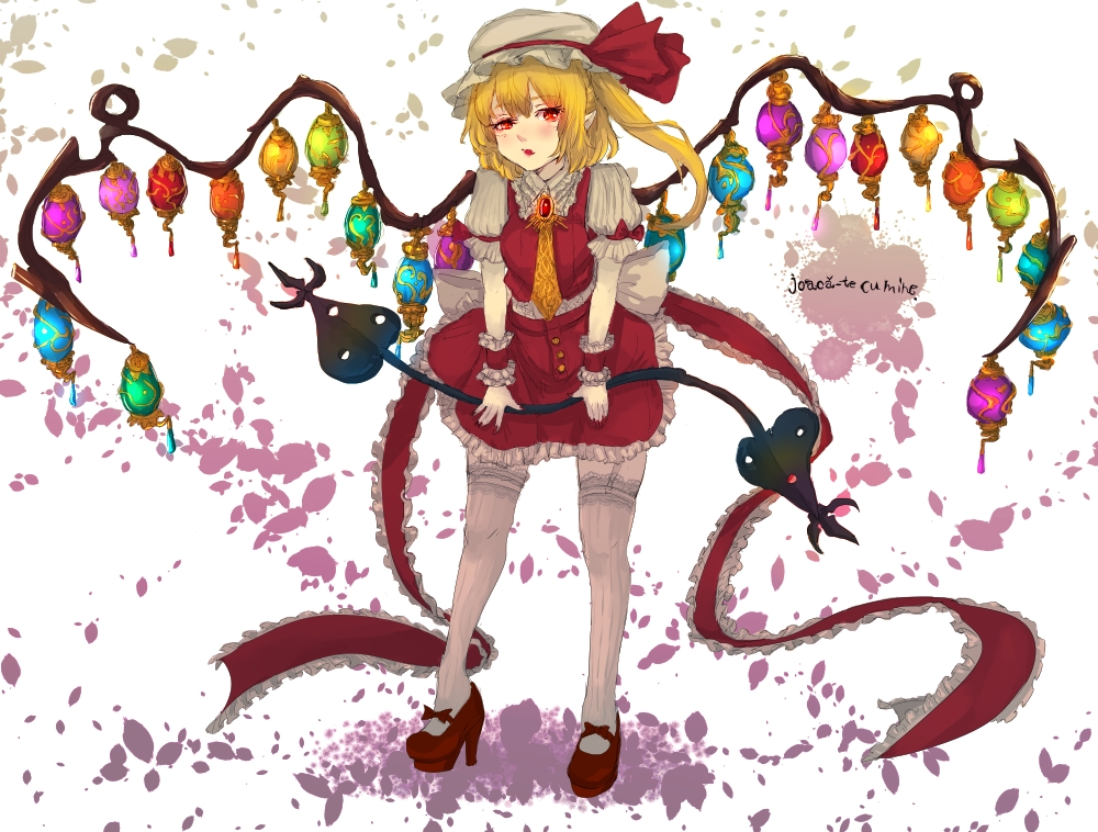 blonde_hair blush fingernails flandre_scarlet frilled_skirt frills garter_straps hat high_heels lace lace-trimmed_thighhighs laevatein long_hair looking_at_viewer mary_janes panzer pointy_ears red_eyes shoes side_ponytail skirt solo thighhighs touhou wings wrist_cuffs