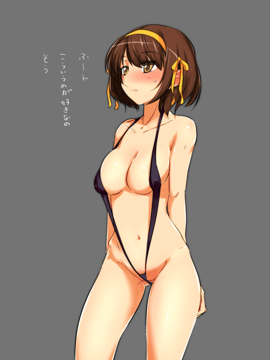 ass_visible_through_thighs blush breasts brown_eyes brown_hair haruhisky highres large_breasts short_hair slingshot_swimsuit solo suzumiya_haruhi suzumiya_haruhi_no_yuuutsu swimsuit translated
