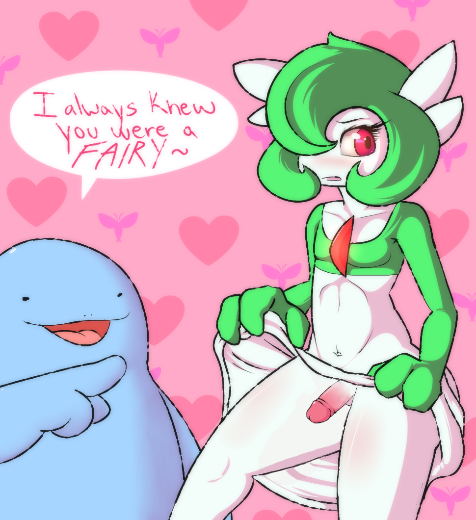 clothed clothing edit english_text erection gardevoir girly green_hair hair humor joke male navel nintendo penis pok&#233;mon pok&eacute;mon pun quagsire quagsireofvp red_eyes skimpy small_penis text video_games